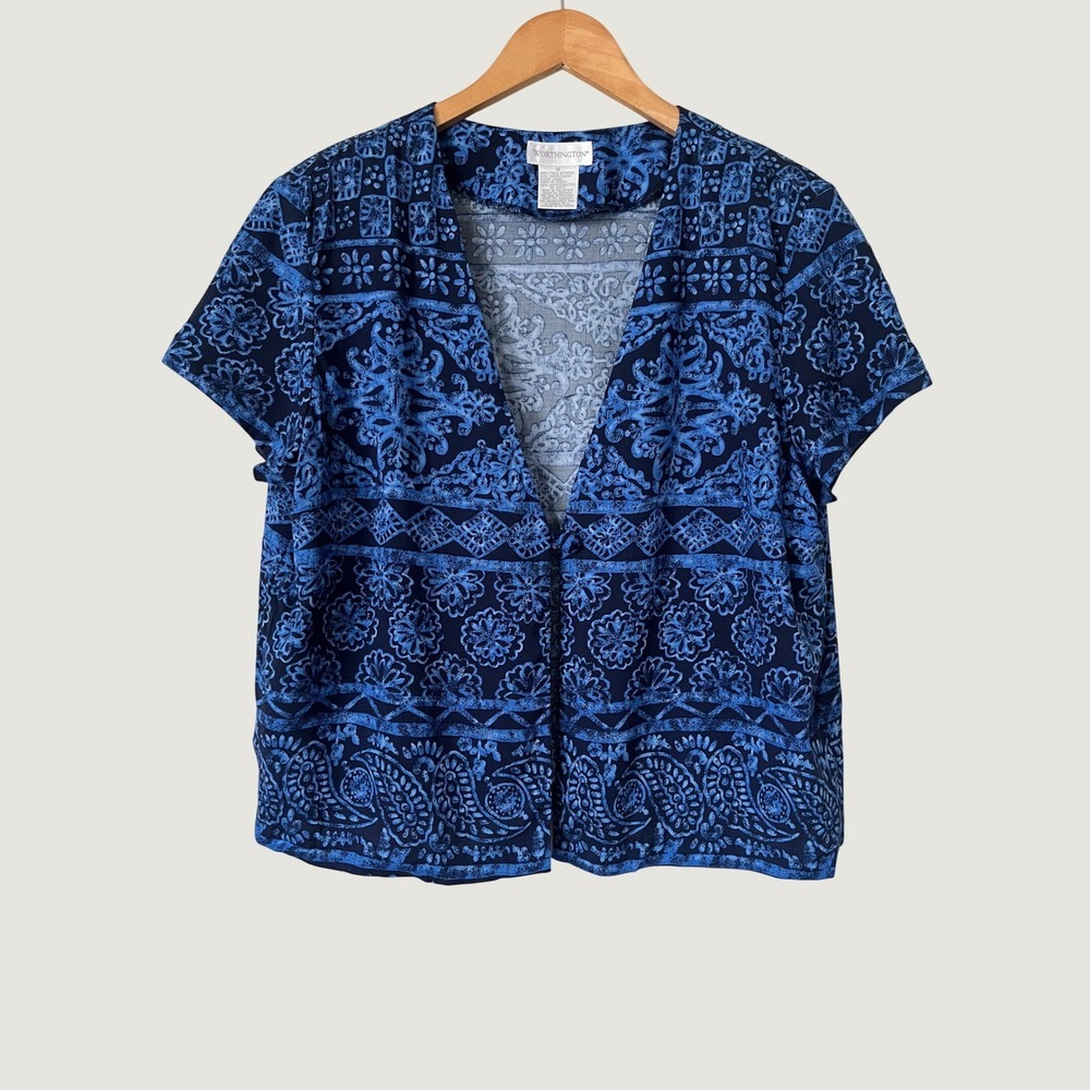 Worthington Blue Paisley Floral Open Front Top Short Sleeve Vintage Retro 16